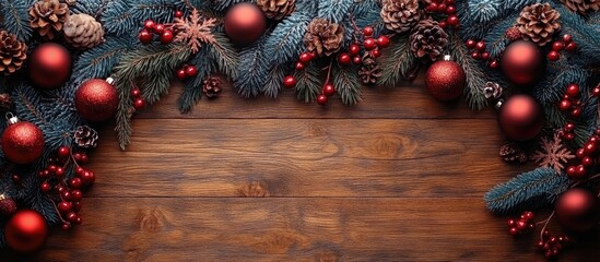 Aufkleber - Christmas decor featuring fir branches red ornaments and pine cones on a wooden background with space for text viewed from above