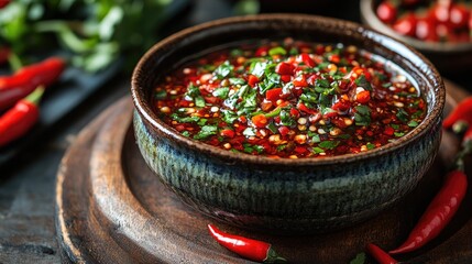 Poster - Chili Paste and Fish Sauce with Fresh Herbs in Rustic Bowl on Wooden Table