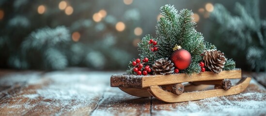 Aufkleber - Wooden sleigh adorned with festive greenery ornaments and pinecones creating a cozy holiday atmosphere for winter celebrations
