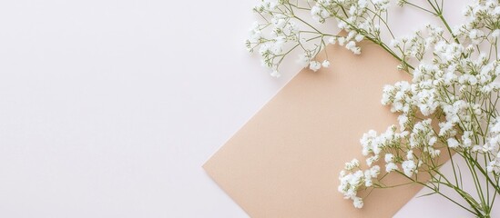 Aufkleber - Elegant flat lay of a blank card and delicate gypsophila flowers on a light background ideal for invitations or greeting card designs.