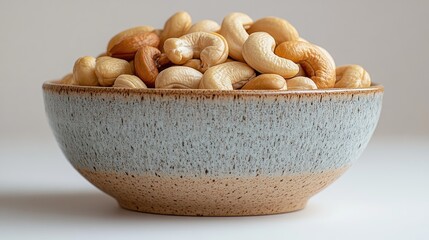 Poster - Bowl filled with assorted cashew nuts on a neutral background showcasing their texture and color in a minimalist setting