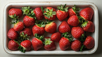 Leinwandbilder - Close up of freshly harvested ripe strawberries arranged in a white tray on a neutral background showcasing vibrant colors and freshness