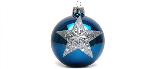 Aufkleber - Glossy blue Christmas bauble adorned with a silver star design isolated on a clean white background for festive decor themes.