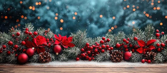 Poster - Festive Christmas scene with red ornaments and greenery on wooden surface against a blurred winter background with bokeh lights