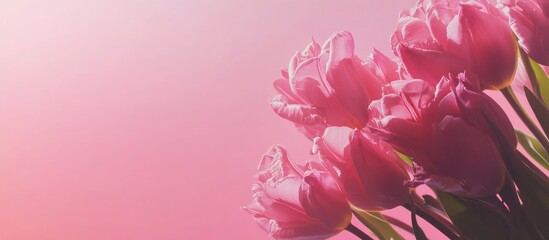 Poster - Delicate pink tulip bouquet with soft background for celebration and invitations Aerial view with ample blank space for text