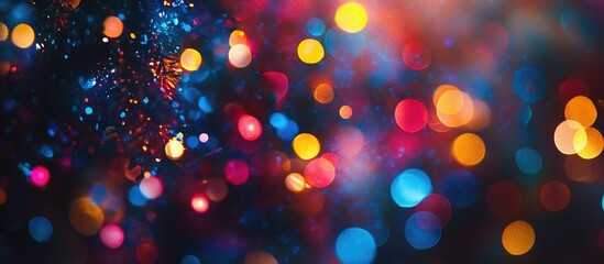 Poster - Colorful bokeh lights background with festive Christmas garland creating a vibrant holiday atmosphere ideal for seasonal promotions and decor