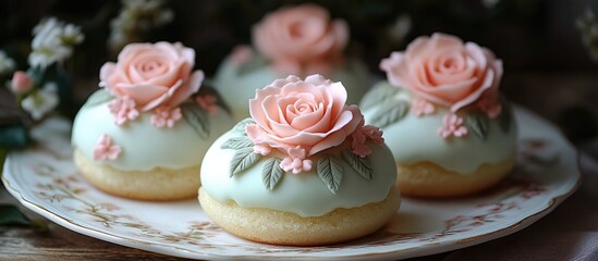 Aufkleber - Delicate miniature cakes adorned with elegant rose decorations on a beautifully designed plate