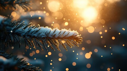 Poster - Snow-covered Christmas tree branches glowing in soft sunlight during winter with bokeh background effects for a festive outdoor atmosphere.