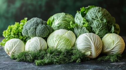 Poster - Fresh green vegetables assortment featuring cabbage, dill, and broccoli displayed artfully on a textured green backdrop.