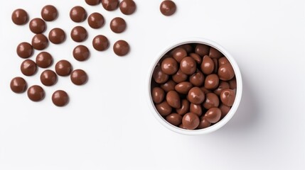Aufkleber - Chocolate callets in a white cup on a white background top view flat lay showcasing a rich confectionery theme for dessert imagery
