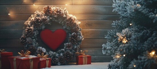 Aufkleber - Christmas wreath with heart shape pine cones presents rustic wooden background festive holiday decor with Christmas tree and lights