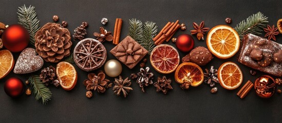 Poster - Festive Christmas flat lay composition with dried fruits, spices, ornaments, and chocolate on a dark background for holiday celebrations