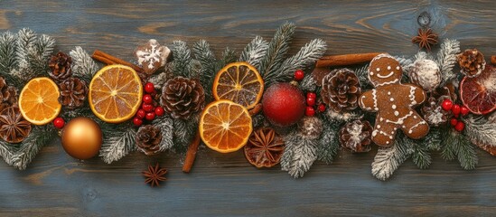 Poster - Christmas gingerbread cookies and festive decorations with spices and dried fruits arranged on a rustic wooden board for a holiday theme