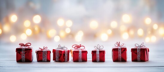 Poster - Festive background with red gift boxes and soft bokeh lights creating a joyful holiday atmosphere for seasonal celebrations
