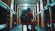 © mifta - Backpacker sitting in hostel dormitory corridor. Generative ai