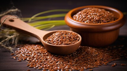 Poster - Whole brown flax seeds in wooden bowls and spoon on rustic table with natural elements for health and nutrition concepts.