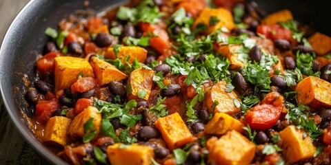 Wall Mural - Close up of vegetarian fried sweet potato and black bean chili with tomatoes simmering in a pan on a table. This vegetarian sweet potato chili showcases vibrant colors and rich flavors.