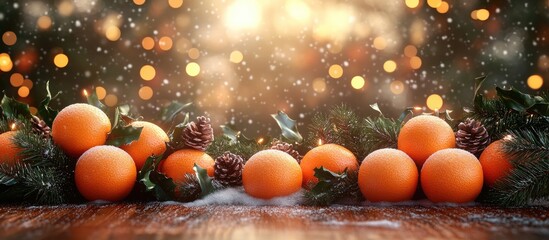 Poster - Christmas ambiance with tangerines fir lights and snowflakes on rustic wooden background creating a warm festive atmosphere