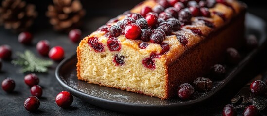 Poster - Festive Christmas pound cake decorated with cranberries and pinecones on a dark surface for holiday celebrations.
