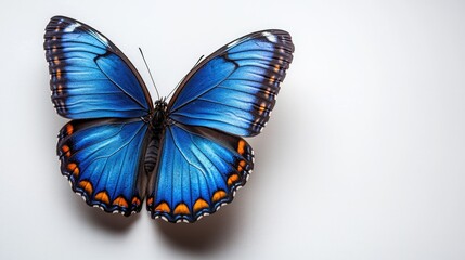 Poster - Vibrant Blue Butterfly in Flight with Soft Shadows on a Minimalist White Background