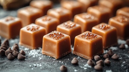 Aufkleber - Caramel candies arranged artistically on a dark surface with chocolate chips and sugar crystals for a delicious visual appeal