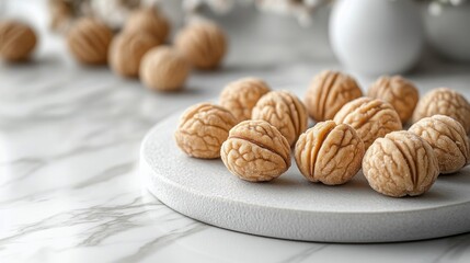 Poster - Homemade walnut-shaped sweet biscuits arranged on a ceramic plate with soft shadows and light grey background in a top view setting