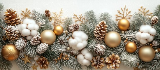 Aufkleber - Elegant Christmas decor with fir branches cotton flowers golden ornaments and natural elements for festive holiday interior styling