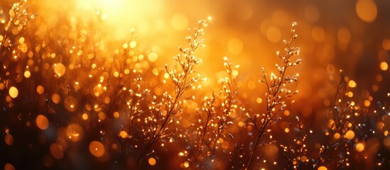 Poster - Golden glittering abstract background with blurred sunlight and shimmering bokeh effect on delicate plants and foliage. Perfect for celebration themes.