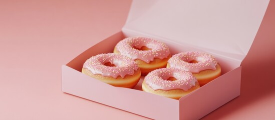Aufkleber - Box of four pink frosted donuts with sprinkles on a pastel pink background, perfect for bakery or dessert-related promotions.