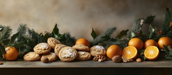 Poster - Festive holiday backdrop showcasing an elegant arrangement of cookies, nuts, and fresh mandarins with decorative greenery.