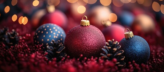 Aufkleber - Elegant Christmas ornaments arranged on a rustic backdrop with warm bokeh lights and pinecones for a festive holiday atmosphere