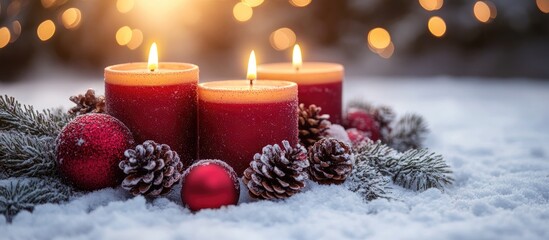 Poster - Festive Christmas candles surrounded by ornaments and pinecones on a snowy surface with soft bokeh lights in the background.