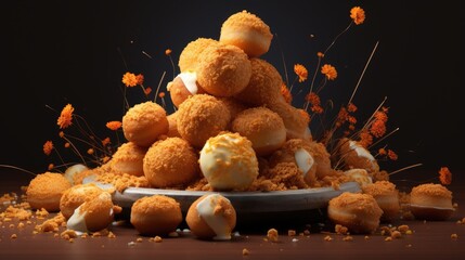 Aufkleber - Delicious Cheese Balls Donuts Stacked Artistically with Floral Accents Against a Dark Background