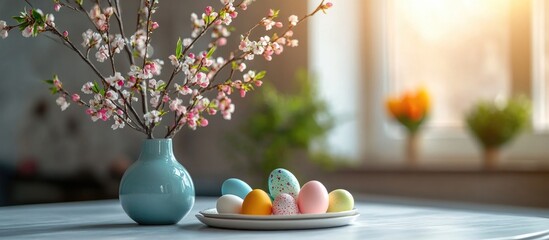 Leinwandbilder - Spring celebration at home with blooming branches in a vase and colorful eggs on a plate set against a classic kitchen interior.