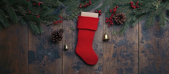 Poster - Christmas gift box and stocking with spruce branches pine cones and berries on rustic wooden background seasonal holiday decoration flat lay