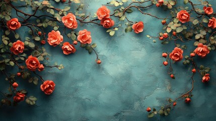 Poster - Branching roses against a textured teal backdrop creating a vibrant floral arrangement for decorative use