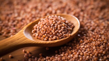 Poster - Buckwheat groats on wooden spoon surrounded by grains highlighting natural food texture and healthy ingredients.