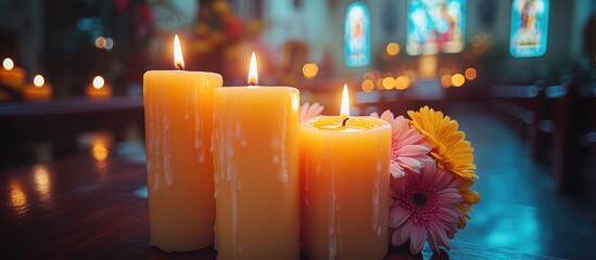 Aufkleber - Illuminated candles with soft focus in a church setting adorned with colorful flowers creating a serene and peaceful atmosphere