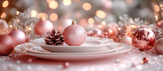 Aufkleber - Elegant Christmas table setting with white plates and golden ornaments against a soft pink backdrop for festive dining inspiration.