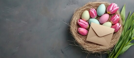 Poster - Colorful painted eggs in a straw nest with pink tulips and an envelope on a gray background for Easter celebration and spring themes