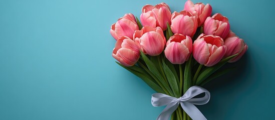 Aufkleber - Pink tulip bouquet tied with white ribbon on blue background in flat lay view perfect for romantic gifts and floral arrangements