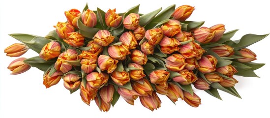 Poster - Vibrant bouquet of orange tulips arranged with green leaves on a clean white background. Perfect for floral design and spring themes.
