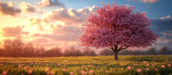 Poster - Blossoming cherry tree in vibrant spring field under scenic sunset with colorful clouds