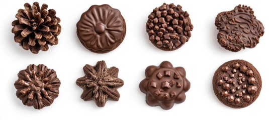 Poster - Chocolate Christmas cookie assortment with festive shapes arranged on a clean white background for holiday-themed designs and advertisements