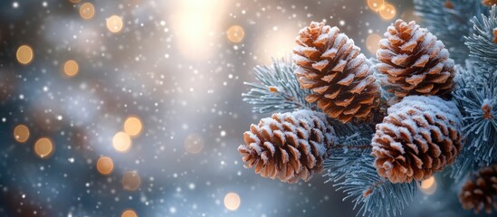 Poster - Snowy blue spruce branch with cones creating a festive winter landscape for Christmas celebrations and holiday decorations