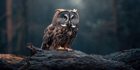 Poster - A majestic owl perches on a log, surrounded by a serene forest backdrop, showcasing its intricate feathers and piercing eyes.