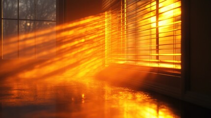 Poster - Warm golden light streaming through closed blinds illuminating a serene indoor space during sunset.