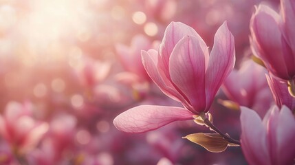 Poster - Delicate magnolia blossoms illuminated by soft sunlight creating a serene and tranquil atmosphere in springtime garden.