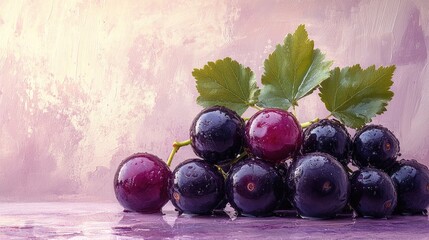 Poster - Fresh black currants with vibrant leaves displayed against a soft pastel background showcasing rich colors and tempting textures.