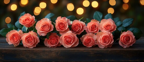 Poster - Elegant bouquet of coral roses arranged on a rustic wooden board with soft bokeh lights in the background for a romantic ambiance